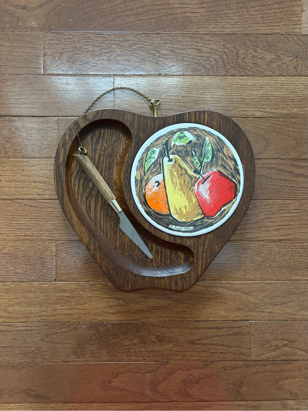 Vintage MCM Wooden Apple Cheese Platter with Serving Knife
